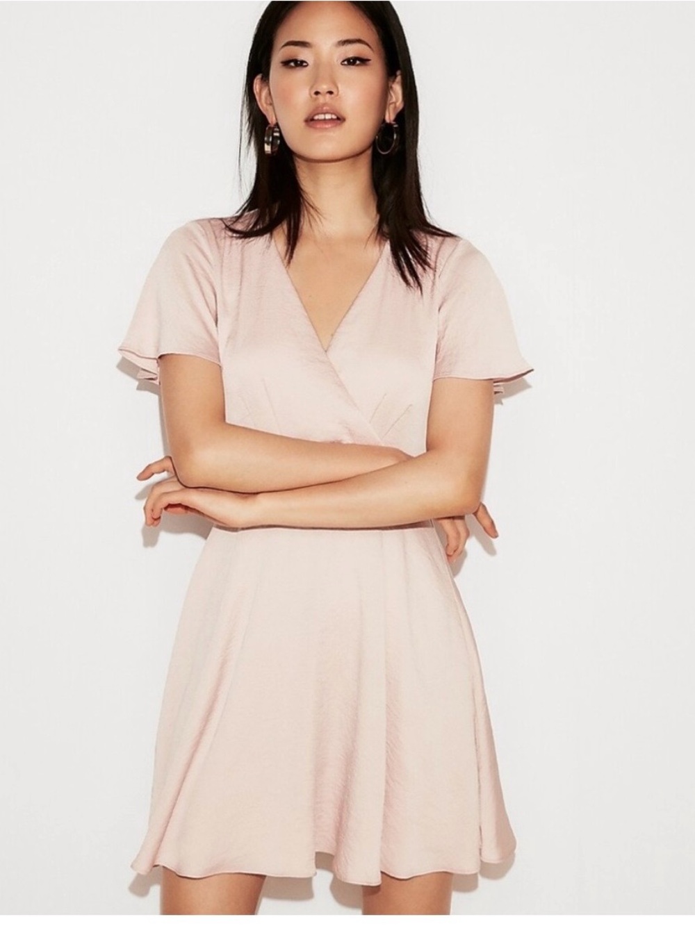 Express Pink Satin Surplice Flutter Sleeve Fit & Flare Dress